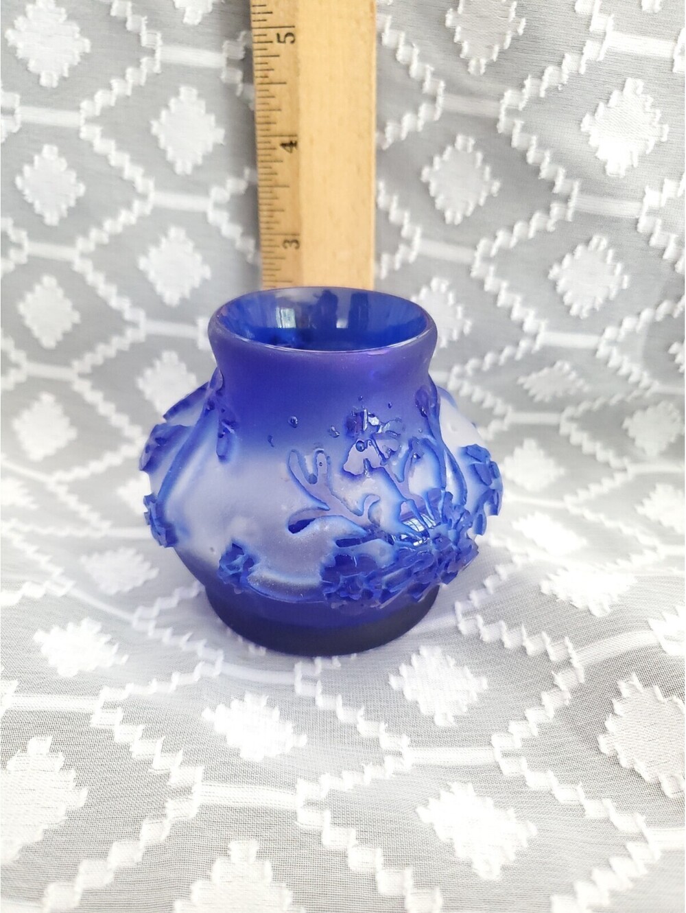 Vtg Blue Cameo Glass Candle Holder,signed